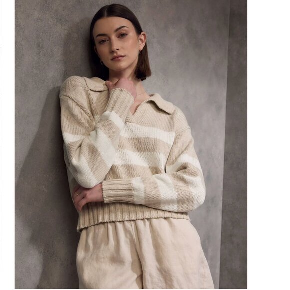 Quince Sweaters - Quince 100% Organic Cropped Cotton Polo Sweater (Beige/Ivory Stripe) XS